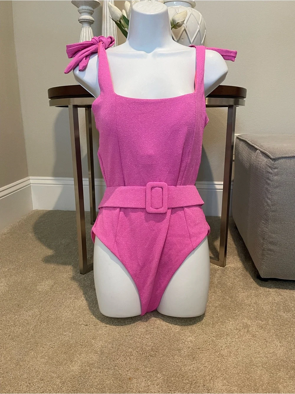 Beach Riot Bright Pink Tie-Shoulder Belted One-Piece Swimsuit